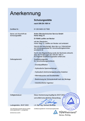 open Zertifikat TÜV Rheinland EN 1591-4 Anerkennung Schulungsstätte AMTEC in new tab